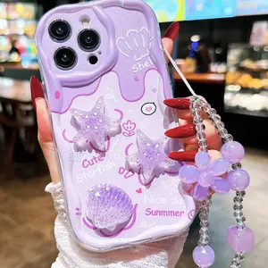 Gradient Cartoon Floral Accessories Flower Chain Painted Cream Wave Print Aesthetic Protective Smartphone Protector Cellphone Phone Case Cover, Starfish Shell Sticker, New for iPhone 15 14 XR 7 8 P12 XS, Casing, Protection