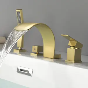 4-Piece Deck Mount Tub Filler with Handshower Waterfall Roman Tub Faucet with Single-Handle Control Brass Roman Bath Shower Set for Tub In Matte Black | Brushed Nickel | Brushed Gold