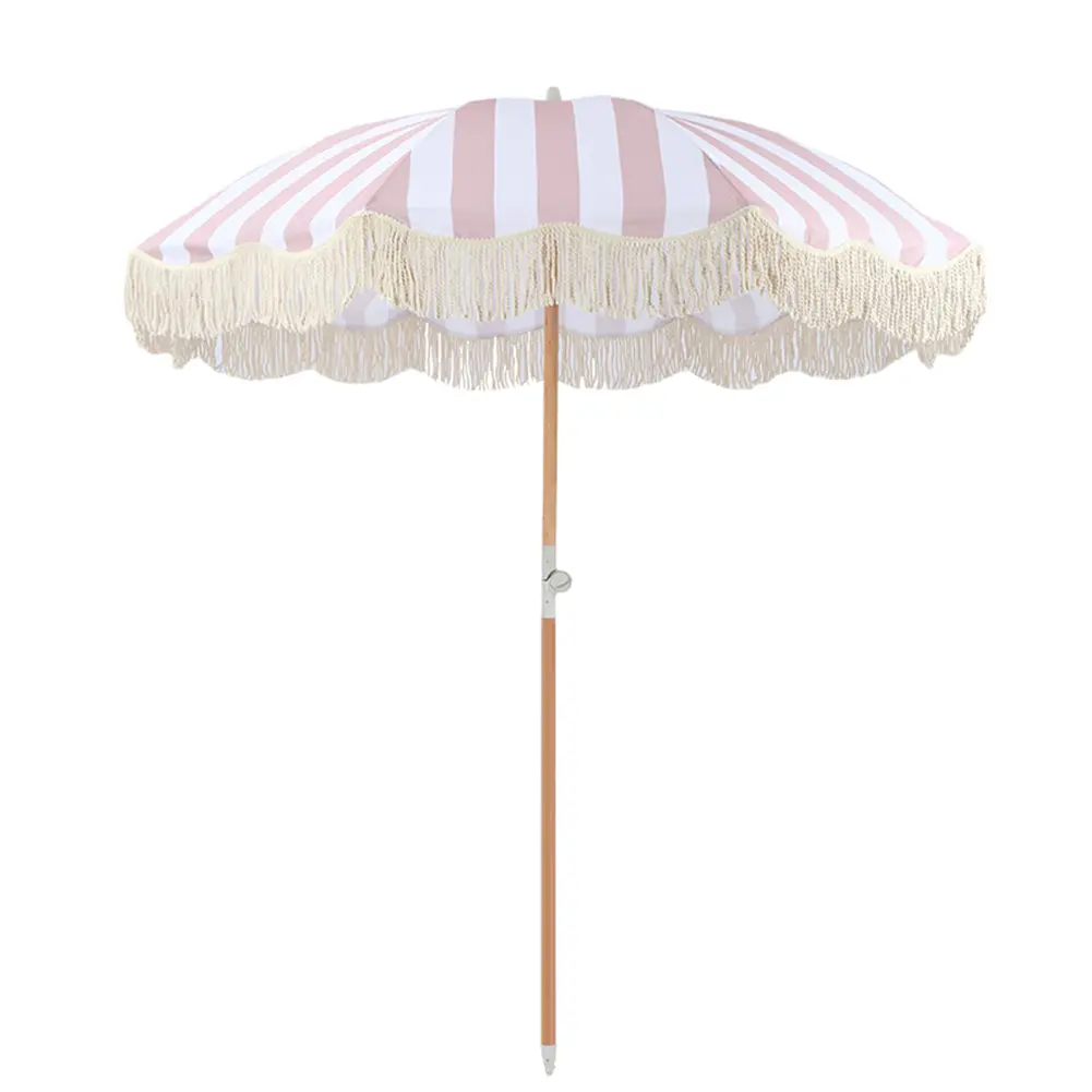 Striped Beach Umbrella with Fringe Outdoor Sunshade Umbrella with Tilt Pole Portable Tassel Umbrella for Balcony Terrace Swimming Pool Beach Garden