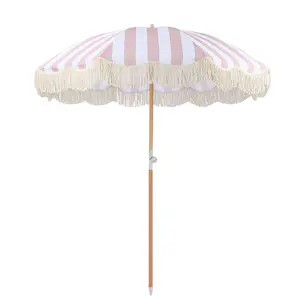 Striped Beach Umbrella with Fringe Outdoor Sunshade Umbrella with Tilt Pole Portable Tassel Umbrella for Balcony Terrace Swimming Pool Beach Garden
