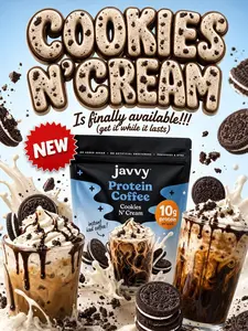 Javvy Cookies N’ Cream Protein Iced Coffee - Premium Whey Protein & Instant Iced Coffees - 100% Natural Cold Brew - Zero Artificial Flavors & Sweeteners, 80 mg Caffeine, No Added Sugar, 20 Servings