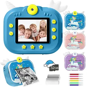 Kids printer, 1 instant printing camera, portable thermal printer, 32G memory card, 5 rolls of printing paper &5 colored pens, video selfie toy camera, children's video camera, 2.4-inch screen digital camera，Christmas, birthday, New Year, Halloween Gift