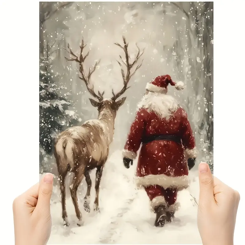 1 Piece Vintage Christmas Canvas Wall Art Print - Santa Claus and Reindeer in Snowy Forest, Wooden Frame Vertical Poster, Suitable for Living Room, Bedroom, Home Office - Winter Holiday Decoration, Red and White Snow Scene, Simple Nordic Style, Easy Hook