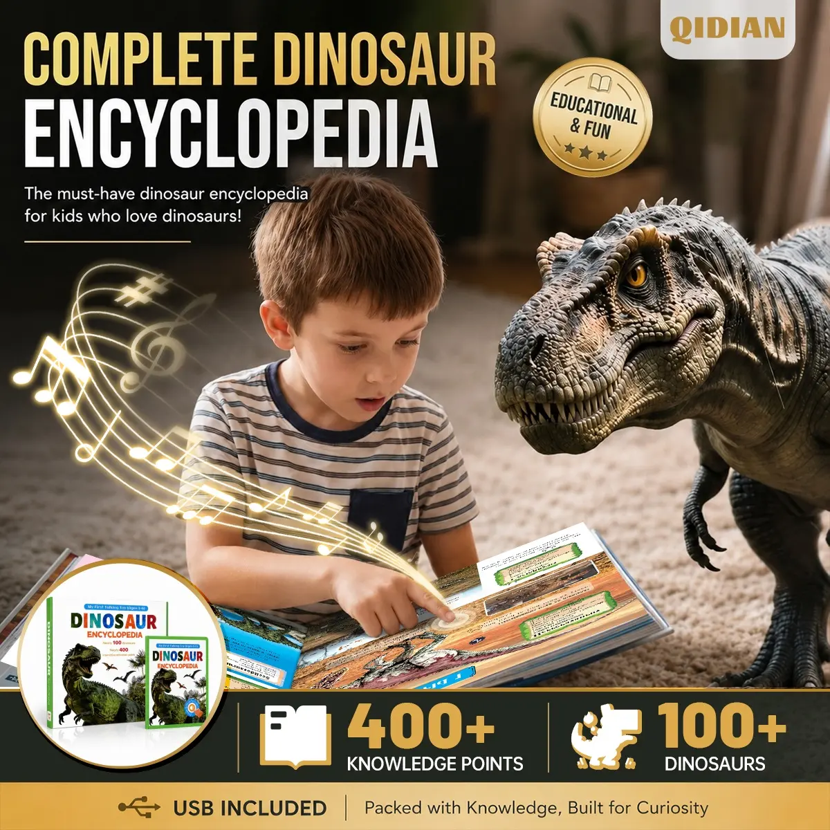 Interactive Dinosaur Sound Book - Built to Last, Rechargeable, Waterproof Educational Language Toy & Encyclopedia for Toddler Learning Activities, 3+ Ages Kids' Birthday & Holiday Gift Ideas