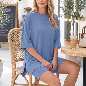 Women’s Solid Color Casual Lounge Set Crew Neck Slit Loose Short Sleeve Top , Shorts Set Comfy Loungewear for Breathable Summer Home Wear
