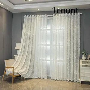 Gorgeous Branch Jacquard Flower Running Through Pole Curtains, Semi-transparent Curtains for Home Decoration Bedrooms, Living Rooms and Bathrooms, Perforated Holes, Easy To Install Net Curtains Window, Interior Decoration Accessories