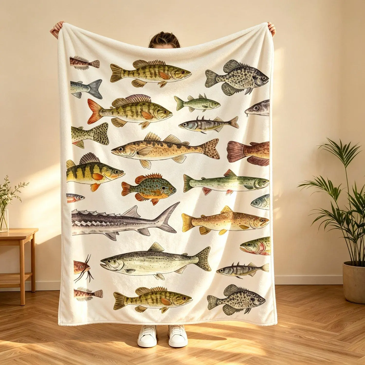 Vintage Watercolor Freshwater Fish Species Flannel Throw Blanket, Fishing Lover Cozy Blanket, Angler Cabin Decor Blanket, Unique Gift For Fishermen, Wildlife Fish Art Blanket For Sofa Bed