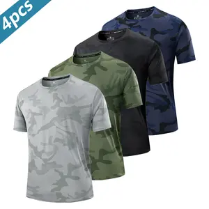 Four-piece men's summer camouflage printed T-shirt - breathable sweat-absorbing short-sleeved running fitness casual top, light and thin round neck multi-color choice, fashionable youth trend comfortable model