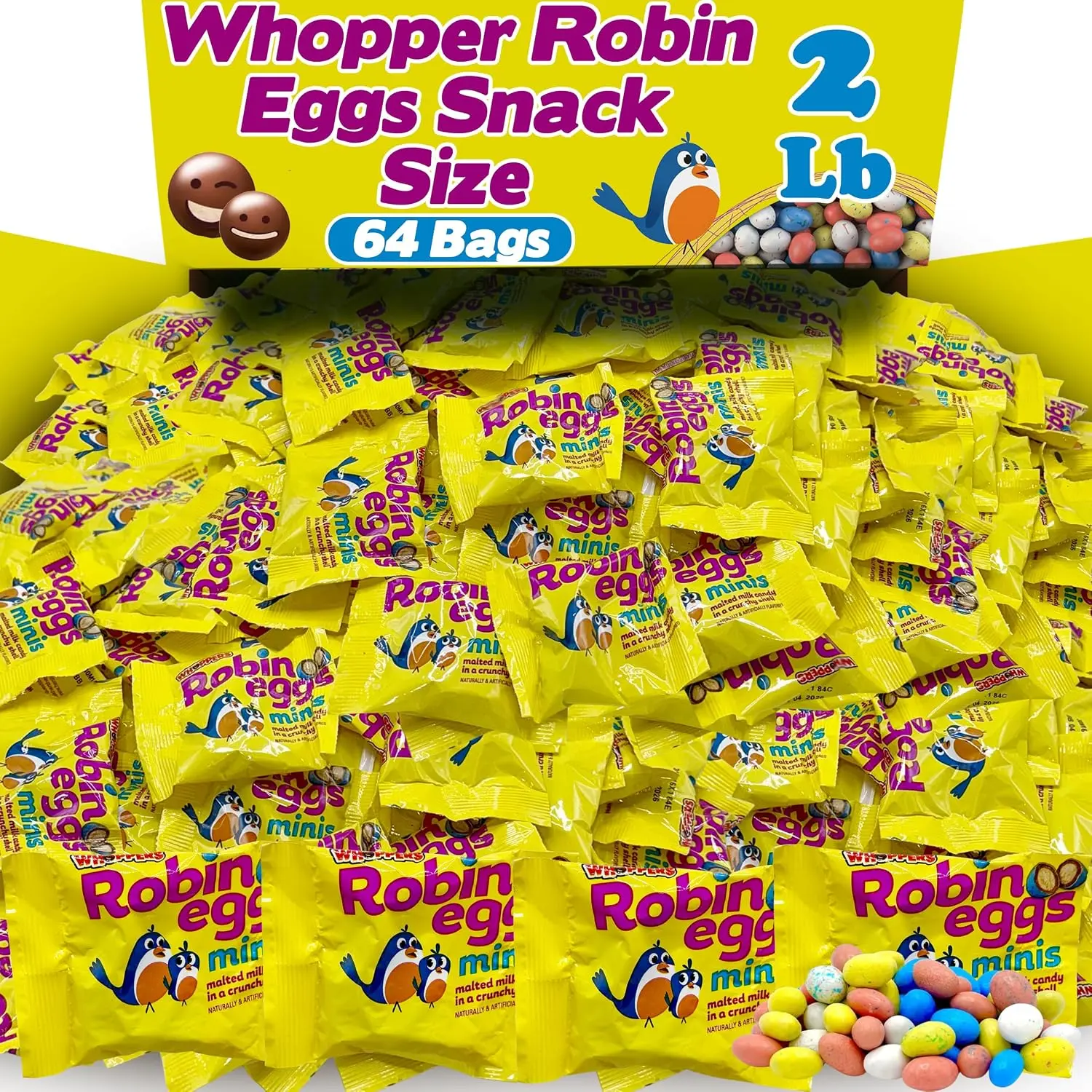 Woppers Robin Eggs Candy, Bulk 64 Count Snack Size Individually Wrapped Whoopers Milk Chocolate Malted Balls with Pastel Candy Shells, for Goodie Bags Stuffers, Easter Baskets & Egg Hunt, 2 Lbs