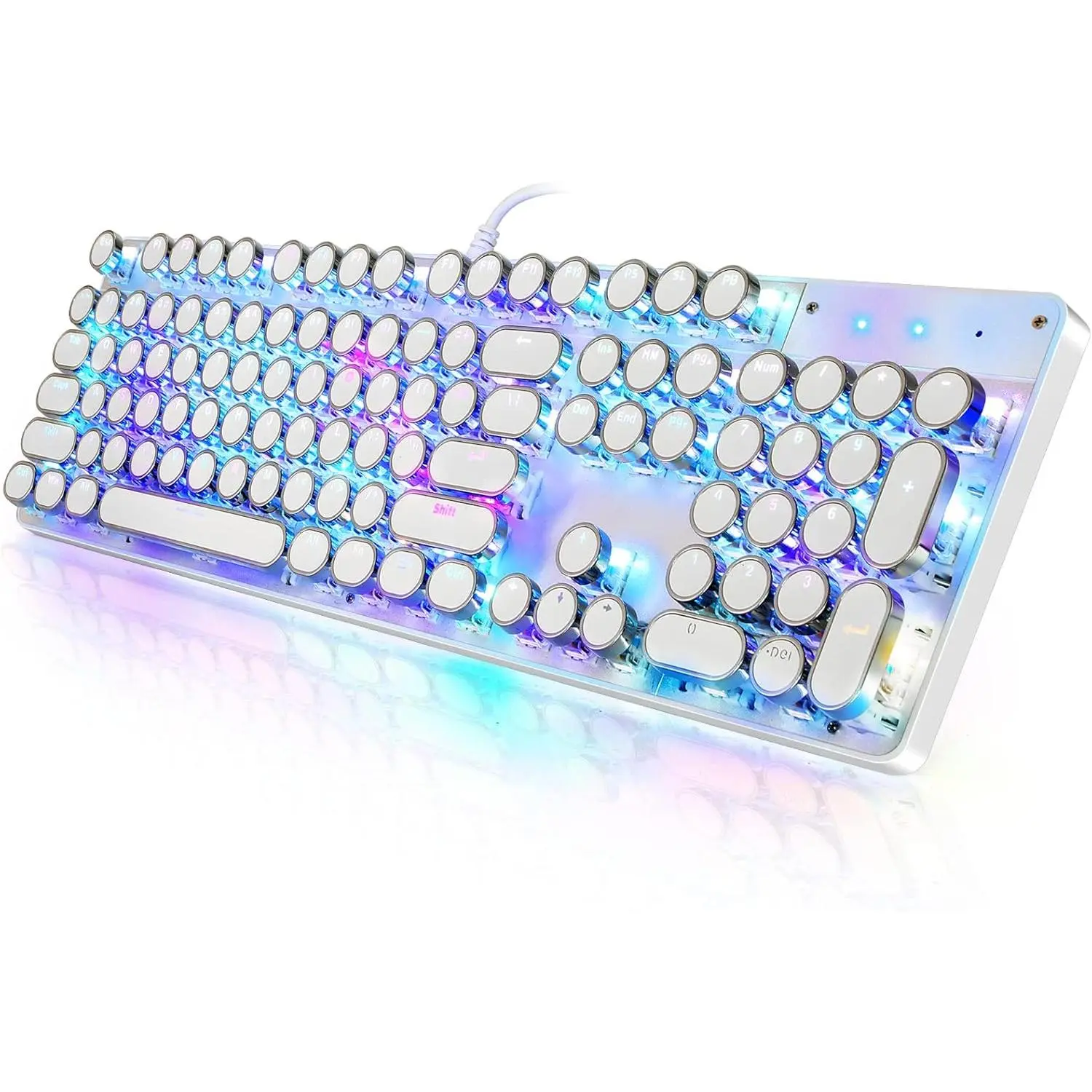 Typewriter Style Mechanical Gaming Keyboard RGB Backlit Wired with Blue Switch Retro Round Keycap 104 Keys Keyboard (R-White)