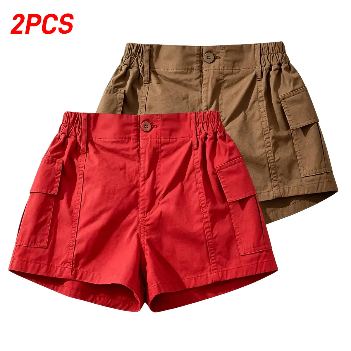 Women’s casual shorts, 2-pack, pocket design, button closure cargo shorts, available in multiple colors; suitable for summer beach vacations and everyday outings/leisure activities; women’s shorts, womenswear.