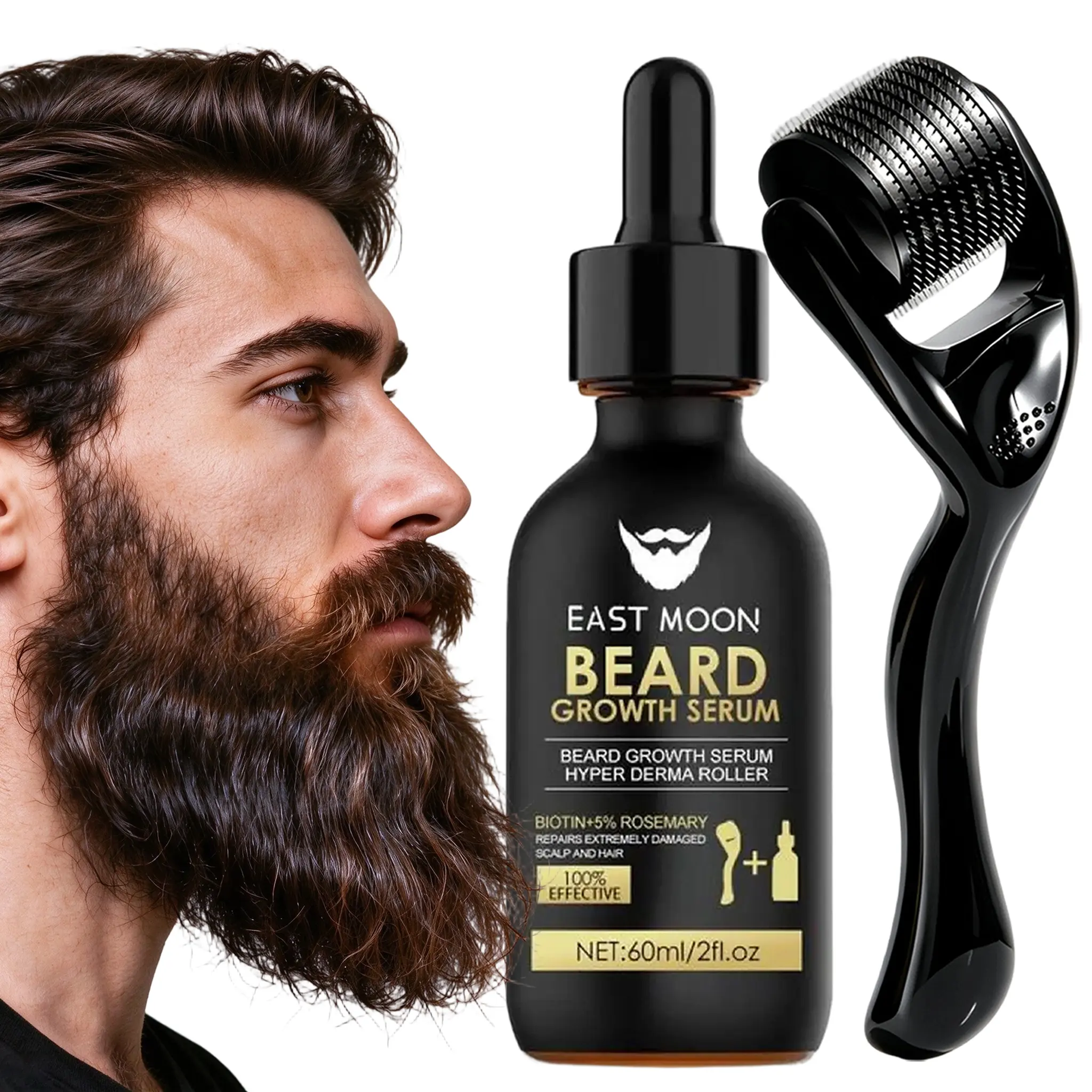 East Moon Men's Beard Growth Kit - 540 Titanium 0.25mm Derma Roller, 60ml Nutritional Beard Oil with Biotin+Collagen+Rosemary, Serum for Thickening & Strengthening, Daily Grooming Set, Guys Gifts