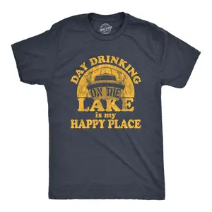 Mens Day Drinking On The Lake Is My Happy Place T Shirt Funny Summer Boating Vacation Graphic Tee Mens Funny T Shirts Cool Vintage Fashion T-Shirt Gift Classic Menswear Summer Apparel for Men Funny Drinking Navy