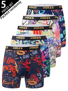 Random Men's Graffiti Print Boxer Brief, Breathable Comfortable Underwear for Daily Wear, Casual Men's Underwear for All Seasons