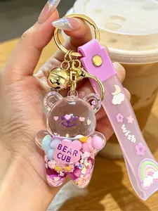 Cute Liquid Quicksand Bear Keychain Bag Charm Kawaii Cartoon Sweet Pastel Aesthetic With Shiny Glitter Sequins Gold Bell & Durable Wrist Strap Anti-Lost Metal Clasp For Teen Girls Women Backpack Purse Car Accessories Birthday Gift, Keychain For Bags