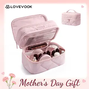 LOVEVOOK Travel Makeup Bag for Women,Large Opening Flat Toiletry Bag,Double Zipper Waterproof Quilted Makeup Bag,with Jewelry Storage and Makeup Brush Mesh Pocket,Daily Use and Travel Essentials,Summervibes