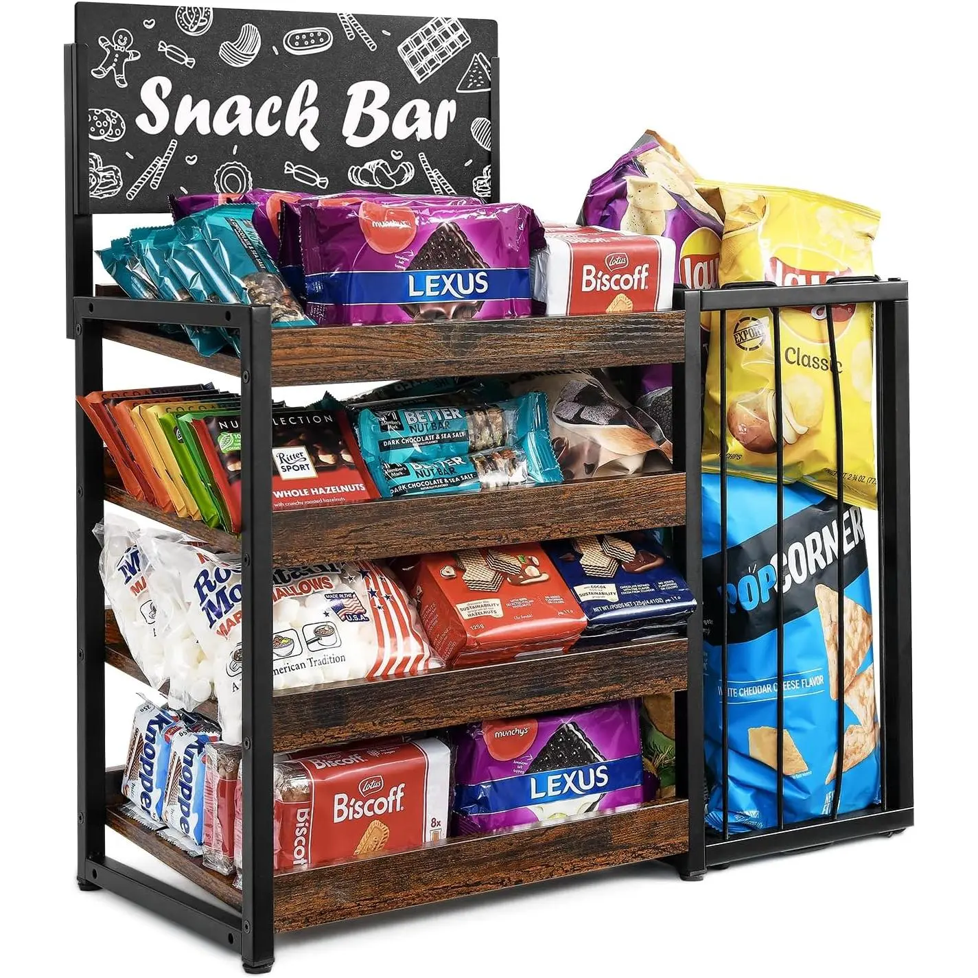 Candy Display Rack, 4 Tier Snack Display for Countertop,Wooden Counter Snack Organizer Frame Basket, Potato Chip Display Retail Display Shelf for Office, Store, Counter, Kitchen