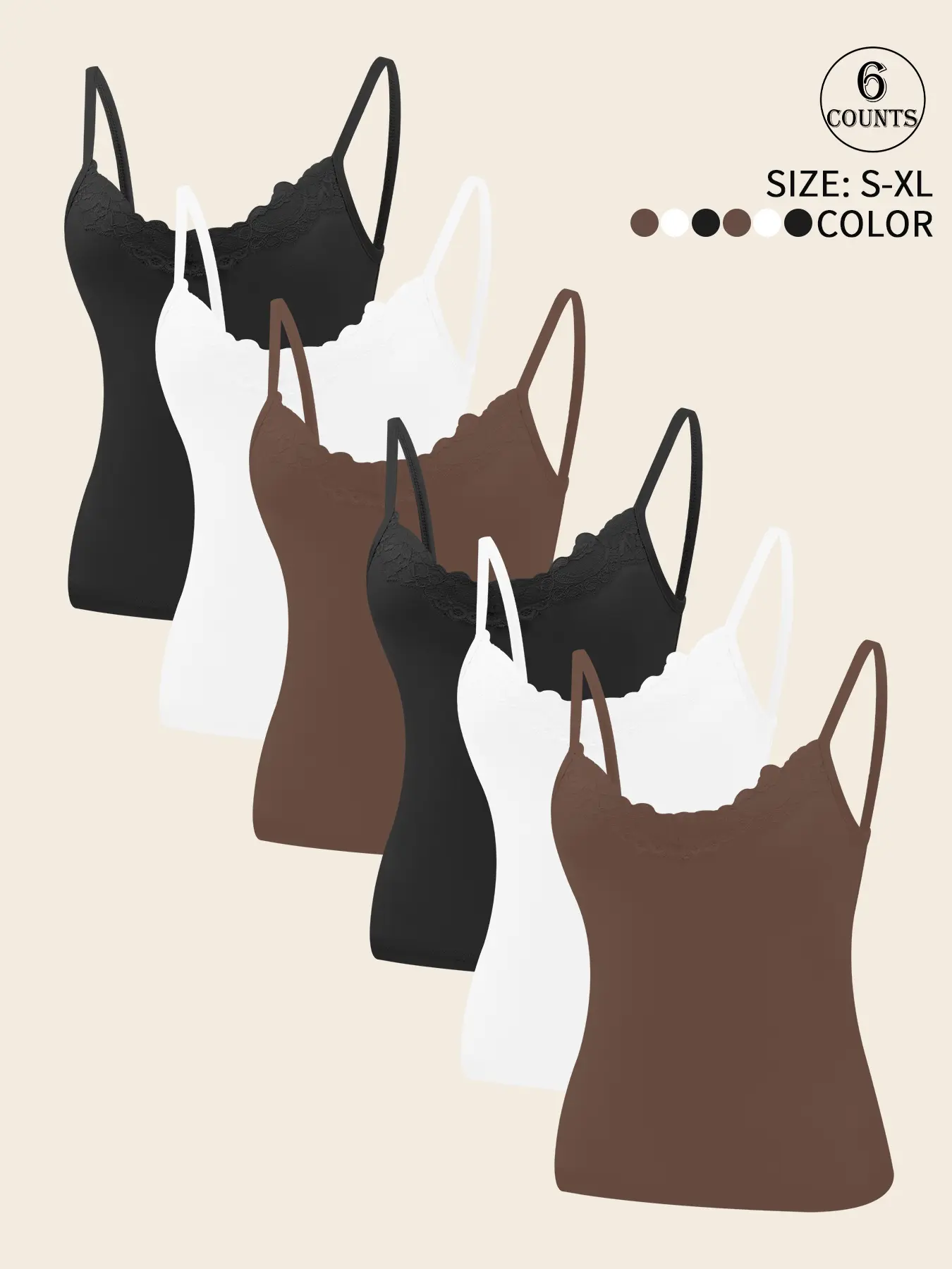 6 pack women's tank tops, Backless sports tank, Casual Fitted Sleeveless Spaghetti Strap solid color V-neck lace trim, non-slip breathable tank, women’s no cup yoga running workout, casual sports outfit for inside and outside