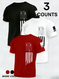 Men's 3-Pack Quick-Dry Short Sleeve T-Shirts, Athletic T-Shirt, Fitness T Shirt, Flag Print Sportswear, Lightweight Breathable Sports Tee for Running, Gym Tops, Training Shirt, Sporty T-Shirt