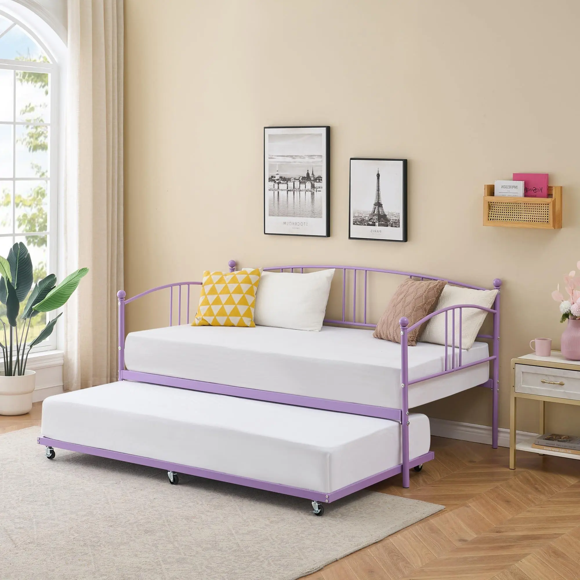 Twin Daybed with Trundle, Metal Twin Size Daybed with Pullout Trundle 6 Casters, Steel Slat Support Sofa Bed for Living Room, Bedroom, Guest Room (Purple)