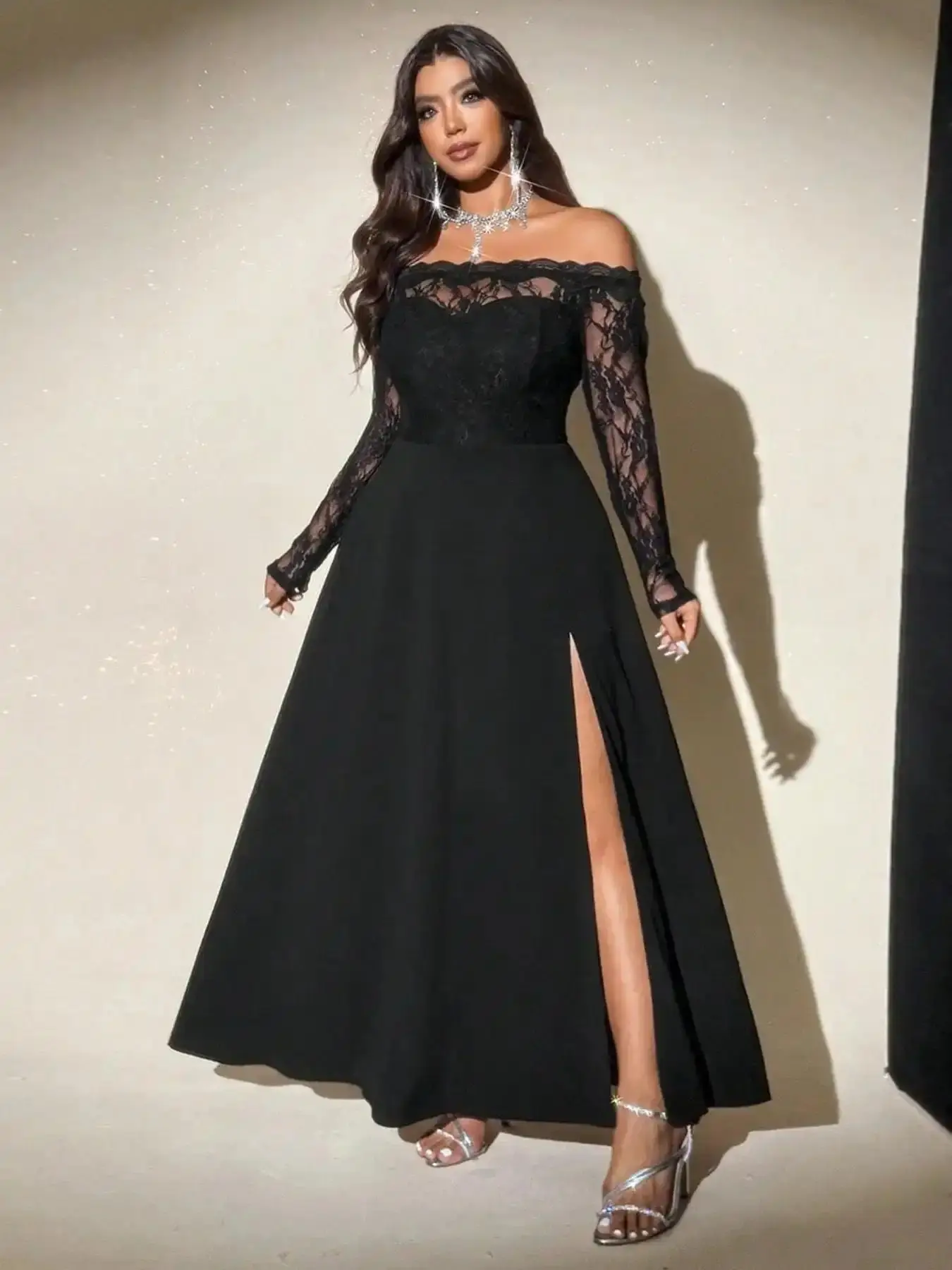 Plus Size off Shoulder Lace Maxi Dress, Long Sleeve Floral Bodice, High Slit Flowy Formal Gown, Dress for Weddings & Parties