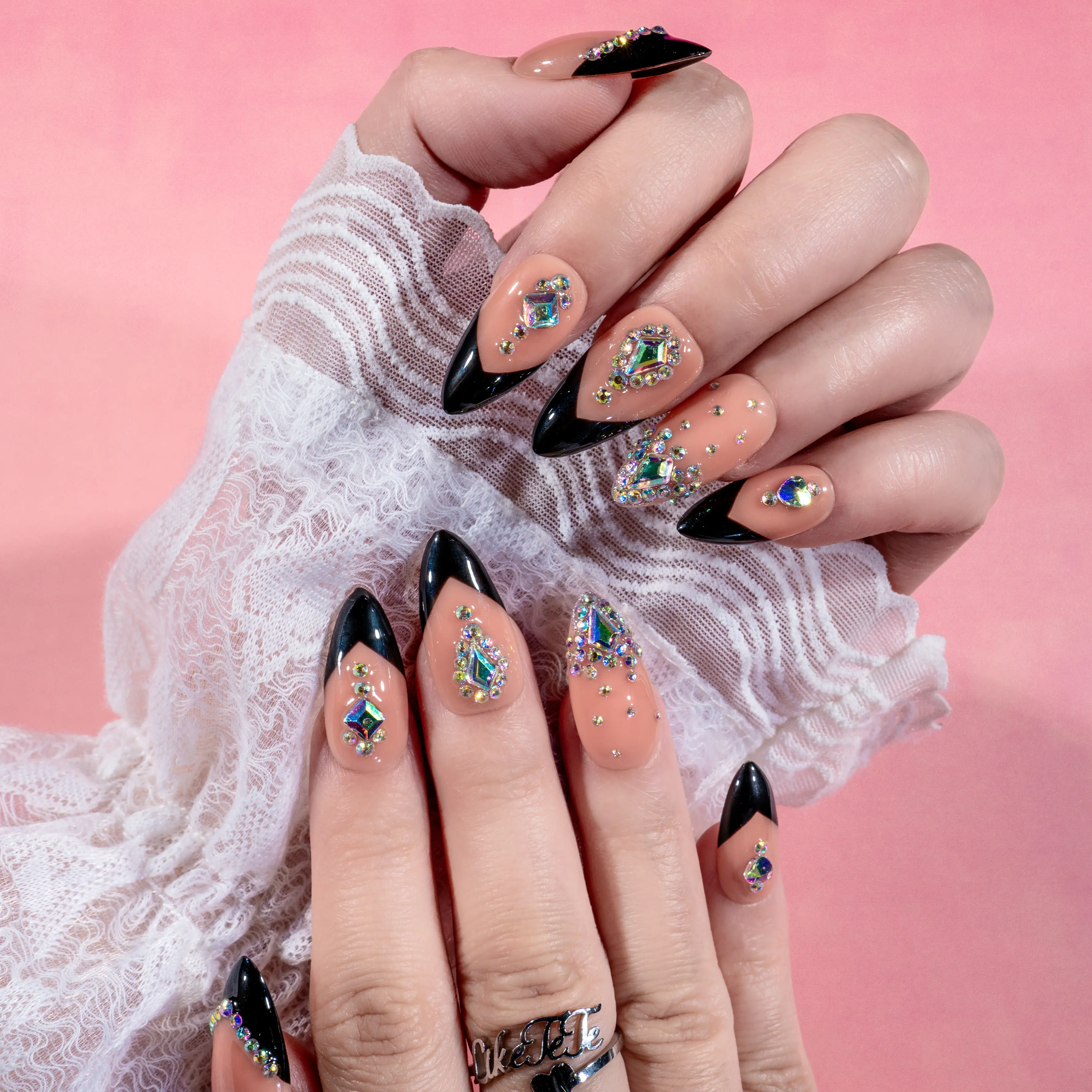 LikeTeTe Luxury Press On Nails – 1” Sharp Almond, Black V-Tip, Rhinestone Glam acrylic press on nails set salon nails Marble Pattern