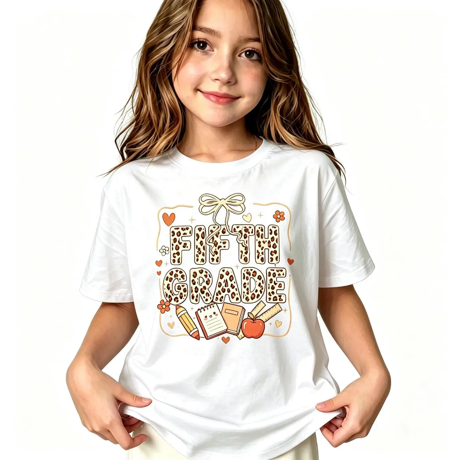 Girls' Leopard 5th Grade Back to School Tee, Short Sleeve Tops for Kids, Regular Fit, Breathable Softness, All Seasons, Back to School Shopping Essential, Cute Look, Leopard Graphic, Clothes, Leopard Print