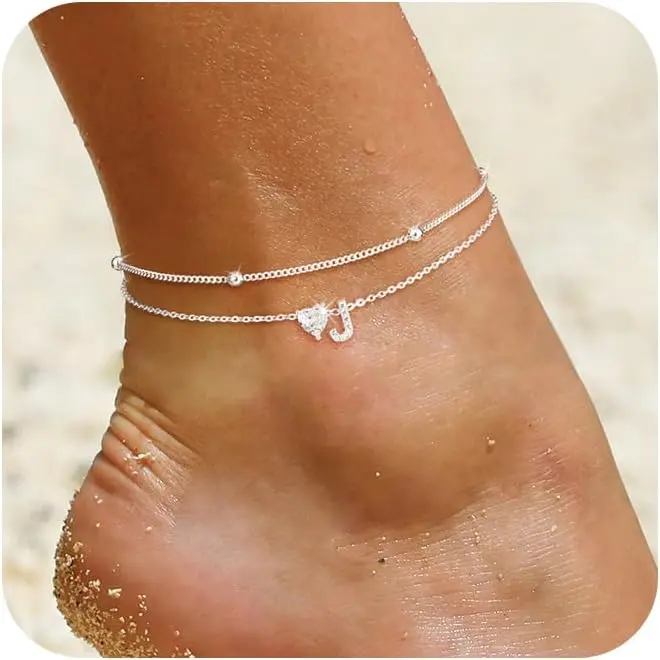 Women's Dainty Chain Silver-Plated Love Heart Initial Anklets - Waterproof Cubic Zirconia Foot Jewelry, Casual Wear Jewelry for Women, Gift for Ladies, Silver Anklets