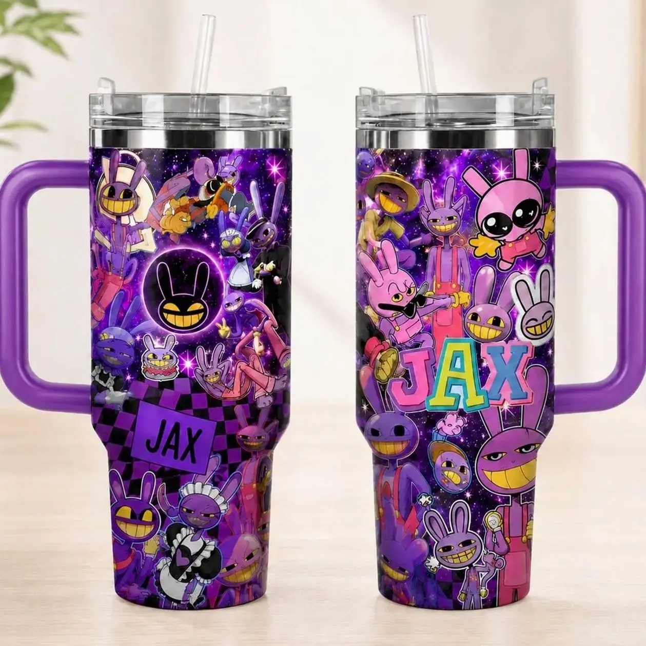 Jax The Amazing Digital Circus Tumbler 20oz 30oz 40oz, Purple Rabbit Insulated Cup With Handle, Colorful Cartoon Travel Mug Gift