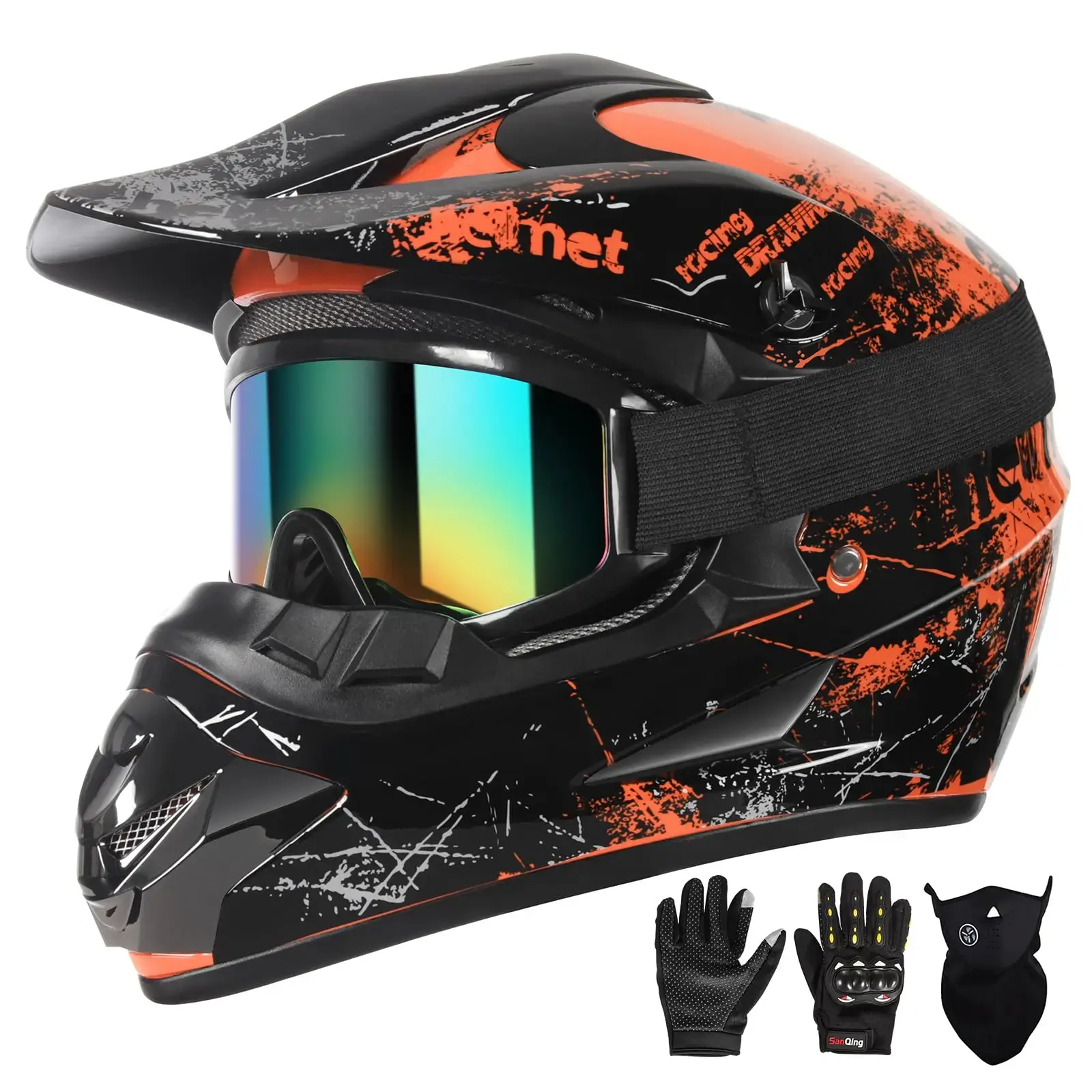 Off Road Helmet, S-XL Fit for 52-59 cm, for Kids 6+ Youth Teens and Adults, Karting Snowmobile Dirt Bike ATV Outdoor Riding, DOT Compliant, 4-Piece Set with Helmet Goggles Gloves and Face Mask, Multi-Channel Ventilation and Quick-Release Buckle