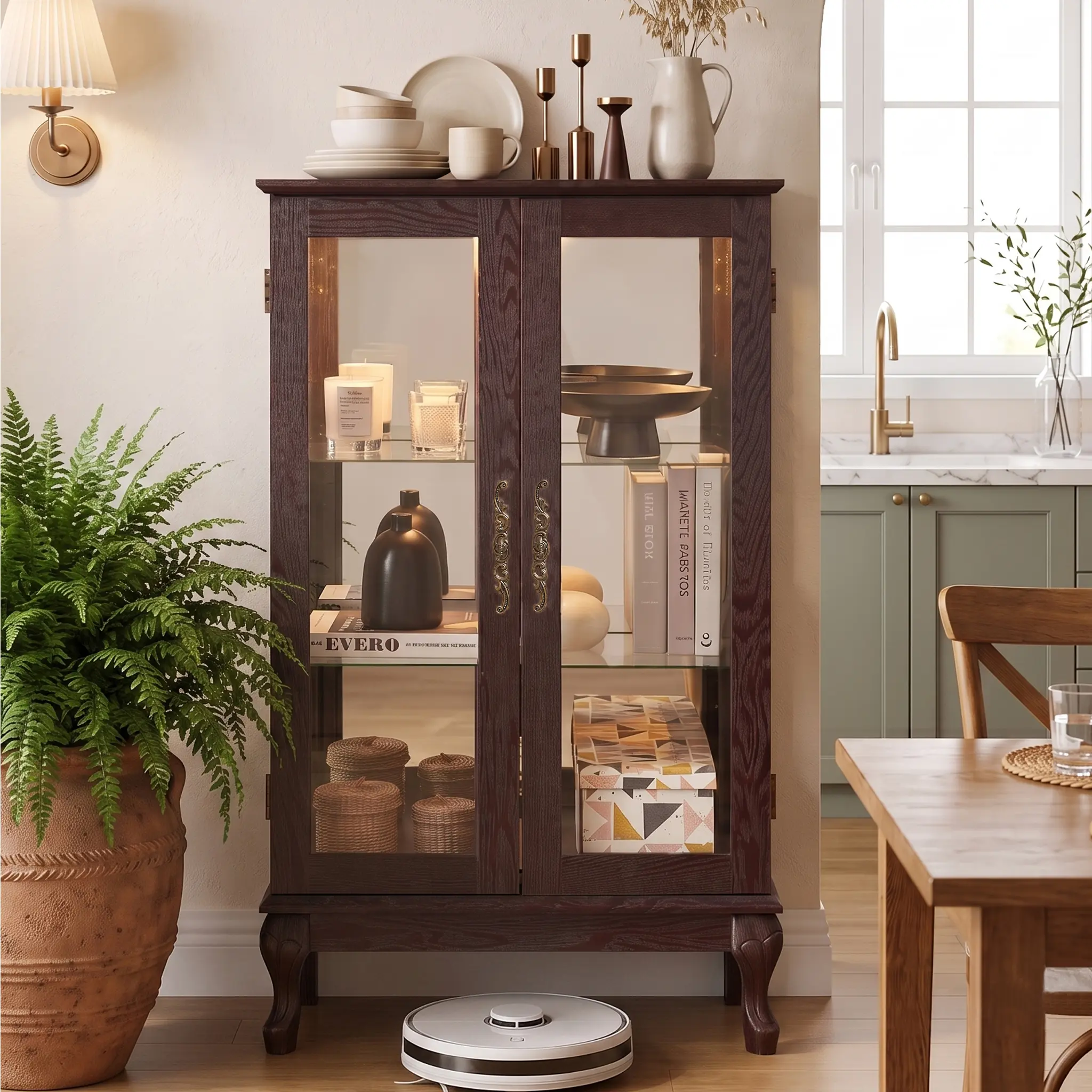 Eyisean 44" Lighted Curio Cabinet, Light Blub Included, 3-Tier Glass Display Cabinet with Glass Doors & Adjustable Shelves, Mirrored Back Panel, Weight Capacity 75 LBS, Vintage China Cabinet for Living Room, Apartment, Kitchen