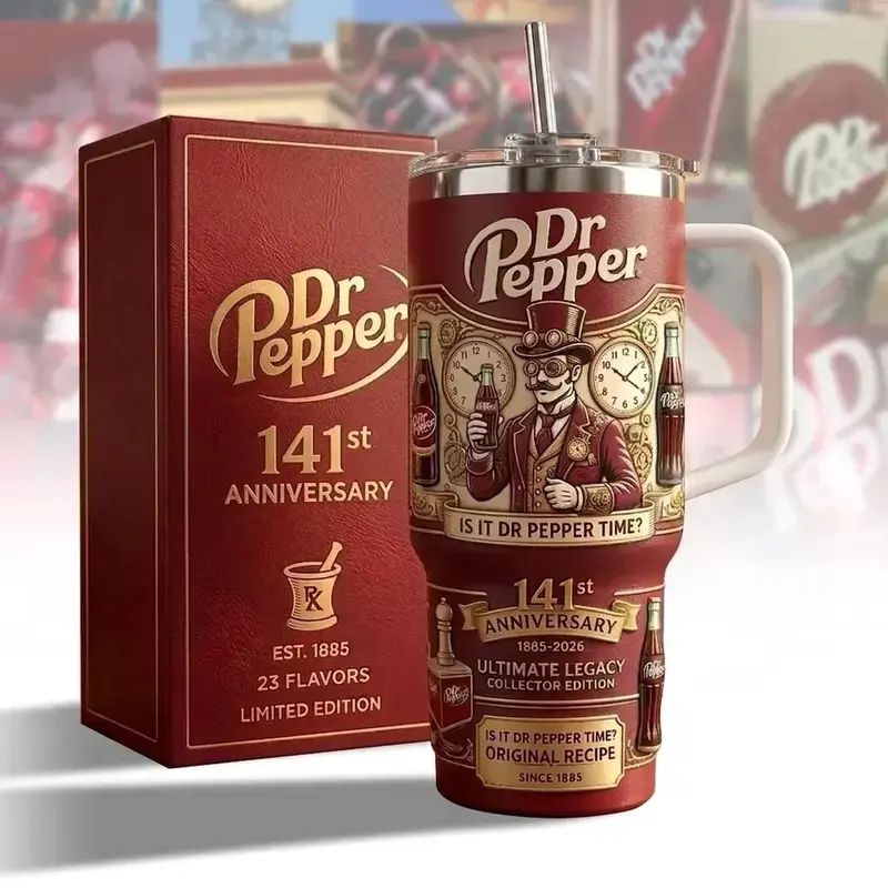 Dr Pepper 141st Anniversary Tumbler 40oz with Handle Straw, Vintage Soda Collector Cup, Retro Dr Pepper Fan Gift, Limited Edition 1885-2026 Drinkware, 23 Flavors Travel Mug, Insulated Stainless Steel Tumbler for Soda Lovers