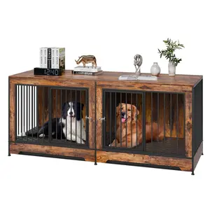 VEVOR 75" Dog Crate Furniture for 2 Dogs,  Extra Large Double Dog Crate Furniture Large Breed with Divider & Double Doors, Large Wooden Dog Crate Furniture TV Stand for Medium Large Dogs Brown