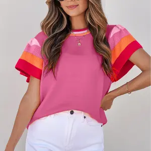 Shewin 2026 Spring/Summer Women's Color Block Short-Sleeve Soft Knit Pullover Round Neck Loose Fit Lightweight Versatile Everyday Knitwear Elegant Chic Solid