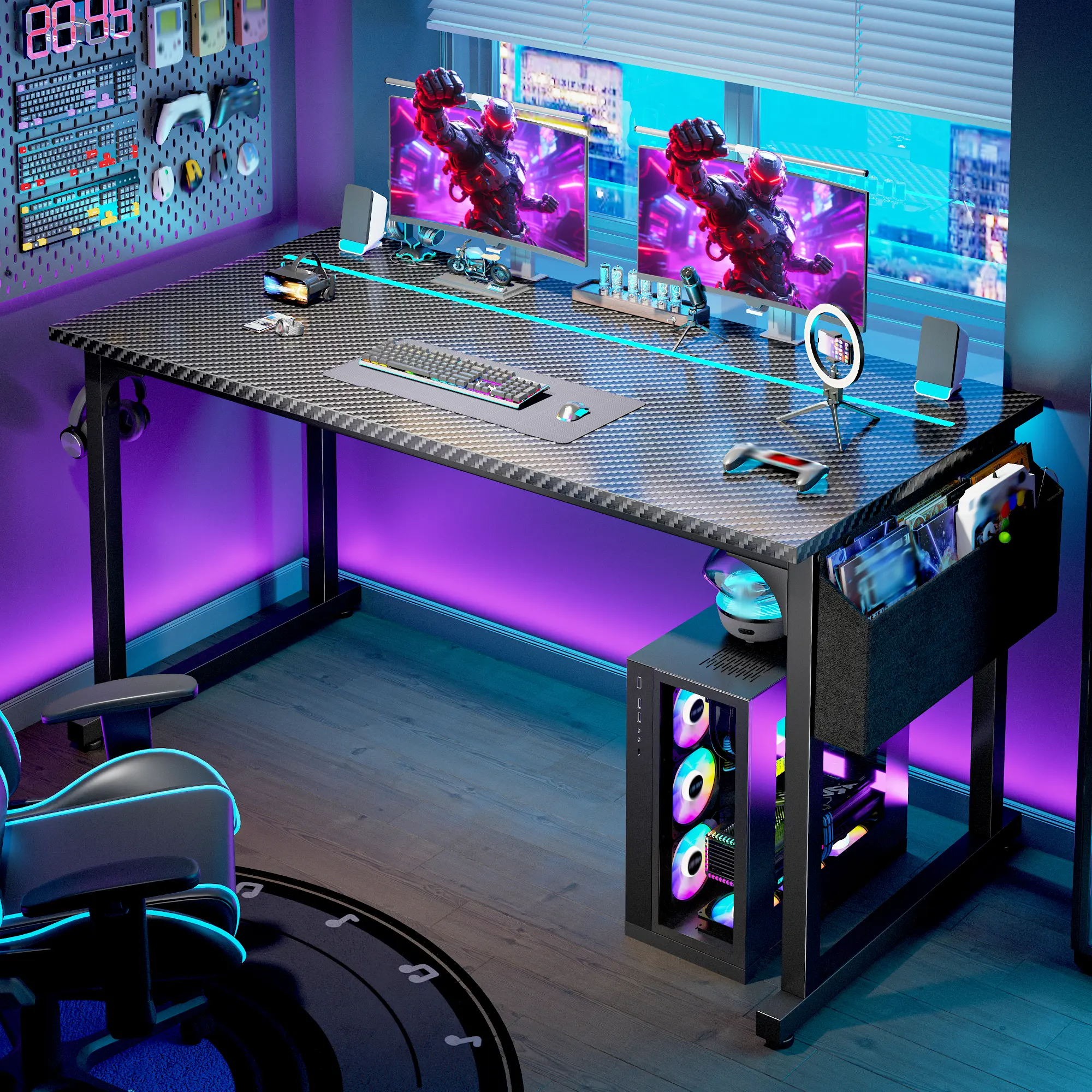 【Summerwins】Raybee 31.5‘‘ Carbon Fiber Texture Gaming Desk, Sturdy Computer Desk with 4 Hooks, Gaming Setup with LED Lights for Home Office Use, Study desk for teenagers, Born for Dorm & Apartments & Tiny room, Easy Assembly #Back to school