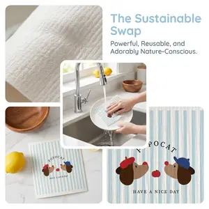 Wood Pulp Cotton Dishcloth - Printed Lazy Person's Kitchen Cleaning Cloth, Reusable Household Kitchen Linen Cleaning Sponge Wipe