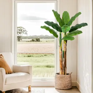 5FT/6FT/7FT Artificial Banana Tree, Faux Banana Tree with Grey Planter, Artificial Plants with 11 Faux Banana Leaves Plant for Home Office Decor Decoration Decorative Fruit Pot