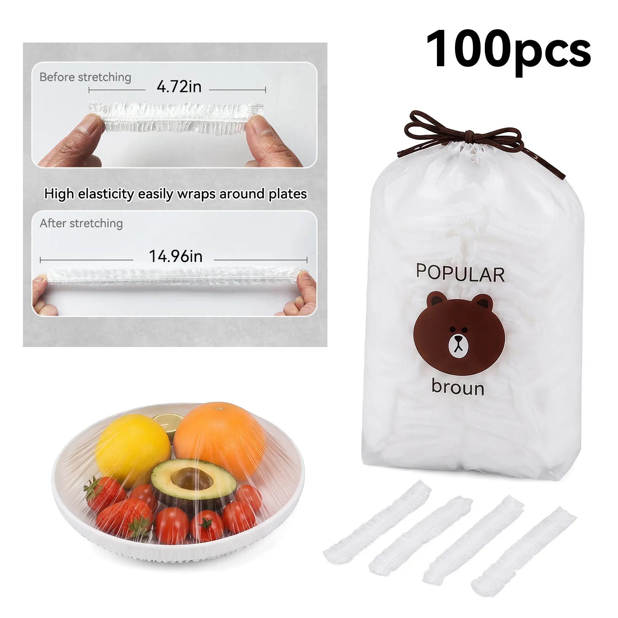 100-Pack Disposable Elastic Food Covers, Transparent Stretchable Food-Grade Fresh-Keeping Lids for Round Plates, Bowls, Containers, Fruits & Leftovers, Kitchen Refrigerator Storage