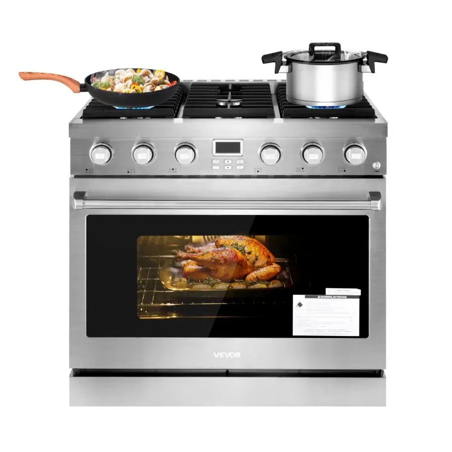 VEVOR Freestanding Stainless Steel Gas Range Oven - 35.9" Width, 6 Sealed Cooktop Burners, 6.0 Cu. Ft. Capacity, Easy Reach Racks, Halogen Light, Cooking Appliance for Apartment, Home, Kitchen