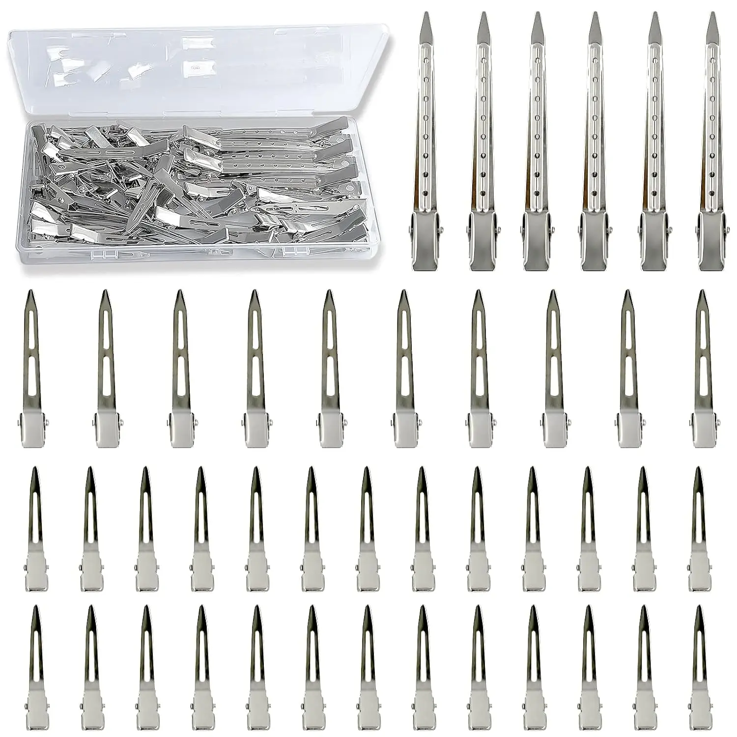 42 count Styling Hair Clips Set:  Metal Duck Billed Clips for Women's Hairstyling, Long Duckbill Pins,  Rollers with Case