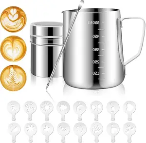 Stainless Steel Milk Frothing Pitcher 20oz/600ml for Milk Cappuccino Coffee Stencils Latte Art, Milk Jug Cup with Decorating Art Pen, Powder Shaker, 16 Pieces Coffee Decorating Stencils