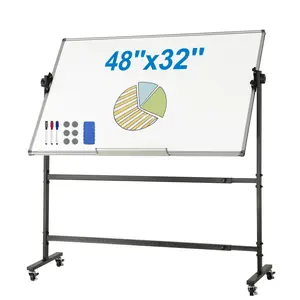 【fathersdaygift】VEVOR Rolling Whiteboard, 48x32 inch Double-Sided Magnetic Mobile Whiteboard, 360° Reversible Adjustable Height Dry Erase Board with Wheels & Movable Tray for Office School, Portable Wipeable Board, Whiteboard Pens