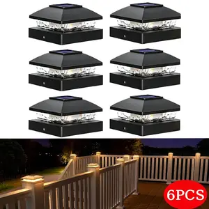 Waterproof Solar Deck Post Lights 6 Pack, 4x4 Wooden Vinyl Post Cap Lamp, All-Weather Solar Powered LED, Auto Dusk to Dawn, Elegant Outdoor Landscape Decoration