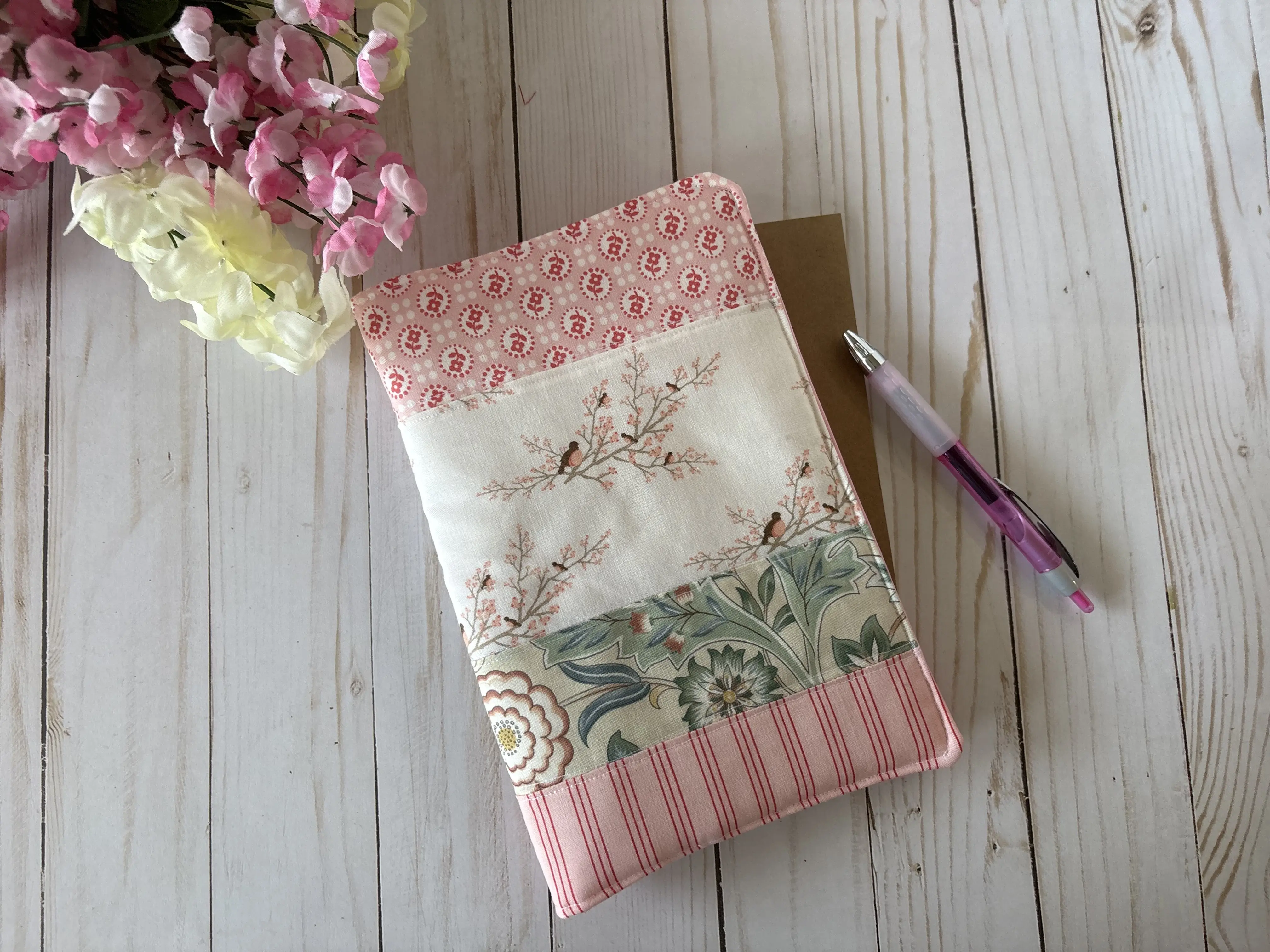 A5 Robin Patchwork Notebook Cover - Pink Floral Quilted Fabric Holder for Office Stationery