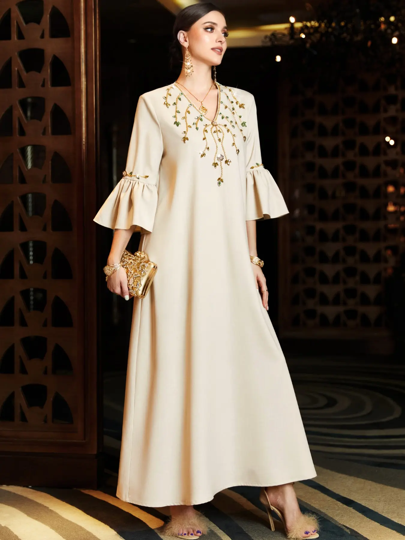 Women's Off- Handmade Rhinestone Abaya Dress, Seven-Eighth Flared Sleeve, Plus Size Loose Fit, Islamic Style Evening Gown, Modesty Muslim Clothing