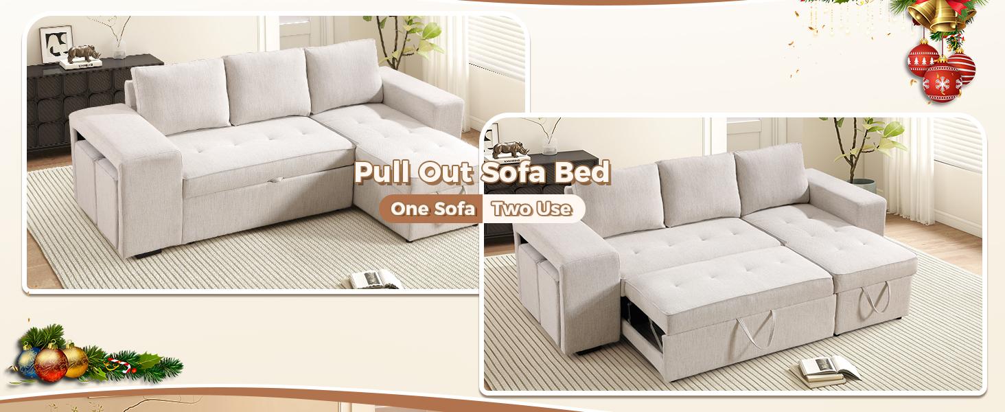 [SpringStatements] EBELLO Chenille Sleeper Sofa Couch with Pullout Bed, 4 in 1 L Shaped Modular Sectional Sofa with Storage Ottoman for Living Room
