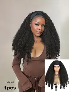 New Afro Curly Headband Wig Pre Styled Wig Synthetic Fiber Wig Synthetic Braided Hair Texture with Unique Bouncy Curls in the End 22 Inch Soft Curly Headband Wigs for Black Women Dark Brown Blend Kinky 4C Hair