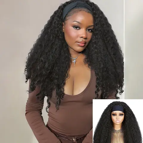 1-Piece 22-Inch Afro-Textured 4C Kinky-Curly Headband Wig for Black Women, Dark-Brown-Blend Synthetic Hair with Pre-Styled Bouncy Curls