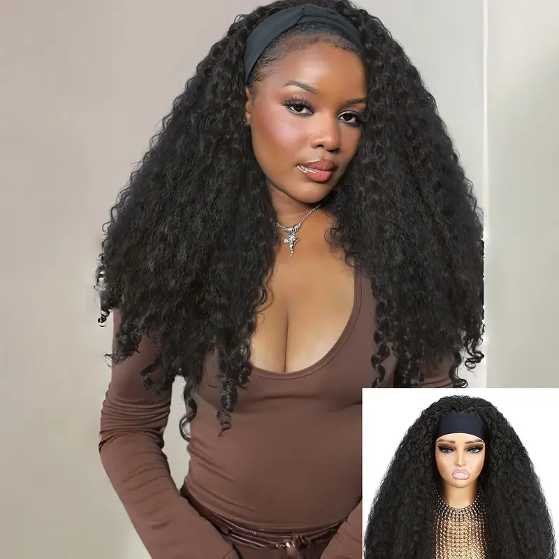 1-Piece 22-Inch Afro-Textured 4C Kinky-Curly Headband Wig for Black Women, Dark-Brown-Blend Synthetic Hair with Pre-Styled Bouncy Curls