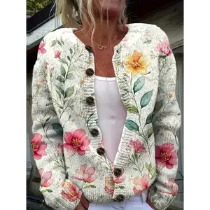 Women'S 3D Floral Print Cardigan - Vibrant Floral Lightweight Long Sleeve Sweater, Crew Neck Polyester Knit With Buttons Fabric Knitwear Casual Womenswear Tops Knitting